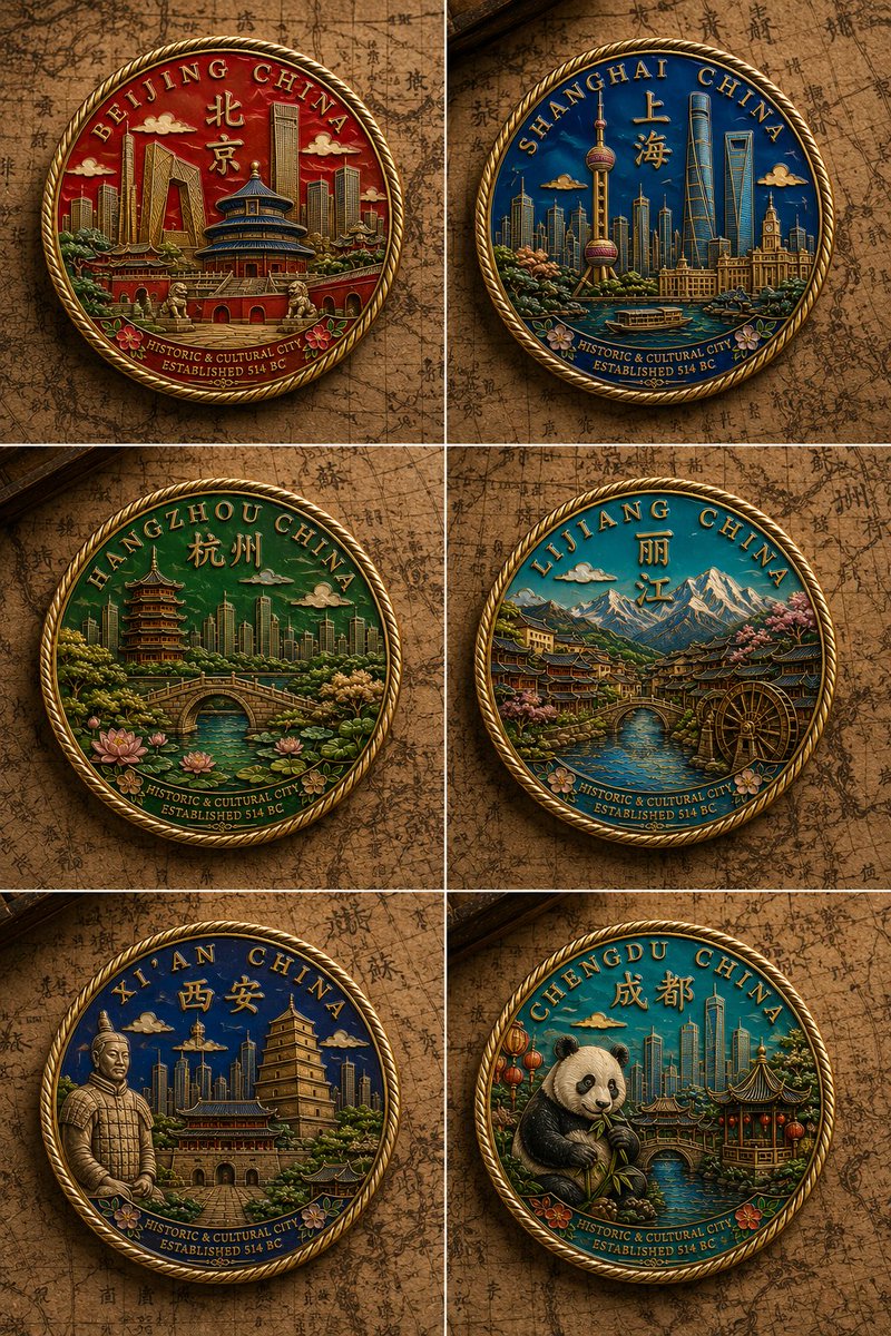 六枚中国城市珐琅纪念章