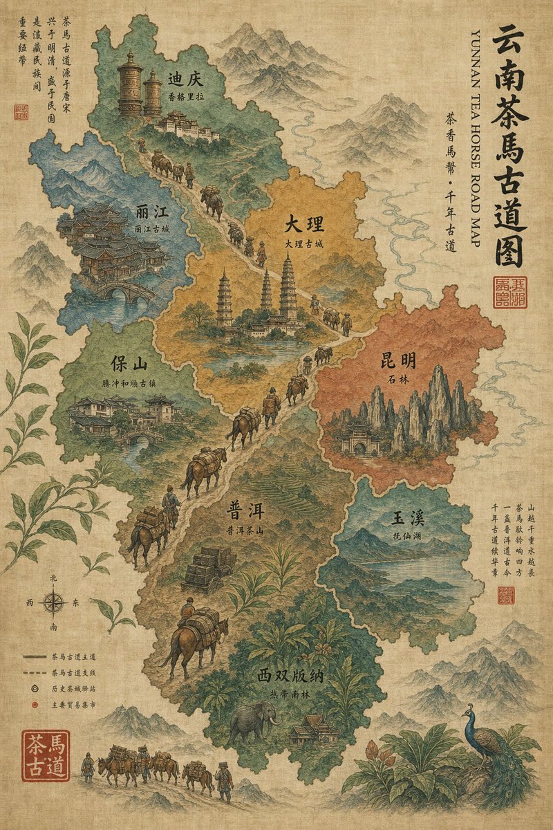 复古云南茶马古道地图