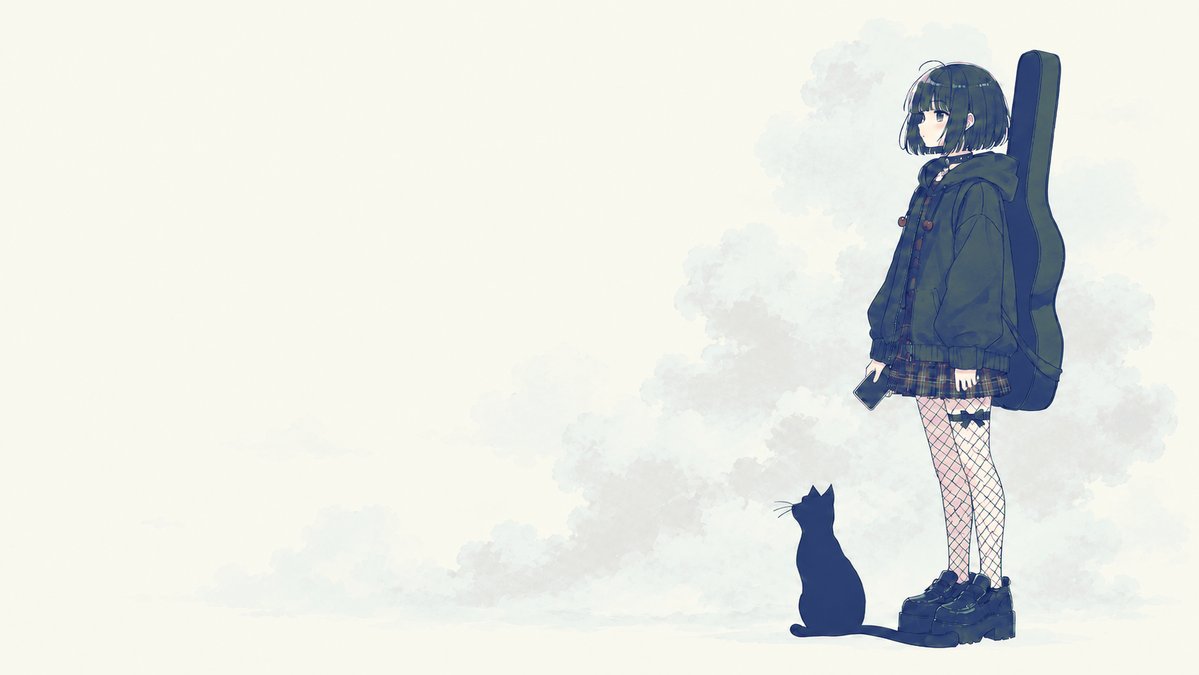 忧郁吉他少女与猫