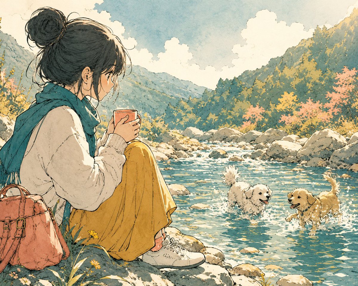 河边喝咖啡的动漫少女
